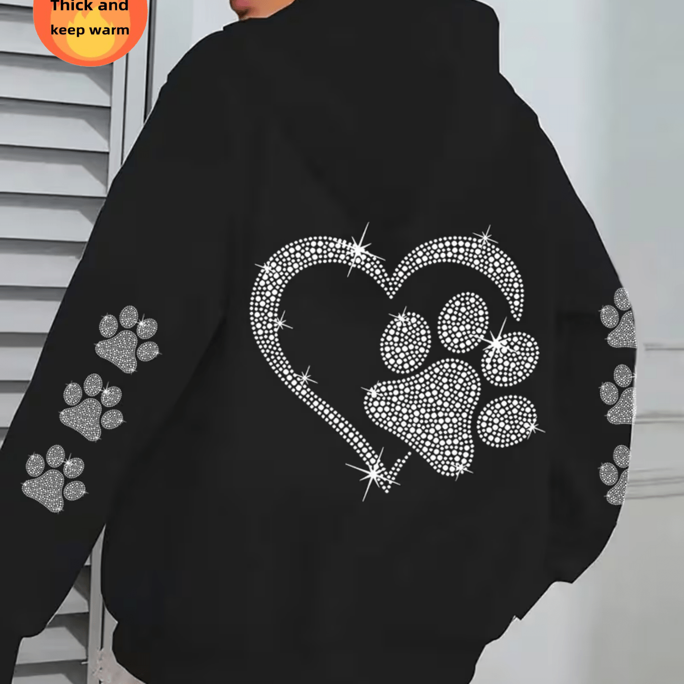 TEMU Women's Casual Zip-up Hoodie With Heart And Footprint Print, Machine Washable With Comfortable Inner Lining, Warm Autumn/winter Sweatshirt, Cute