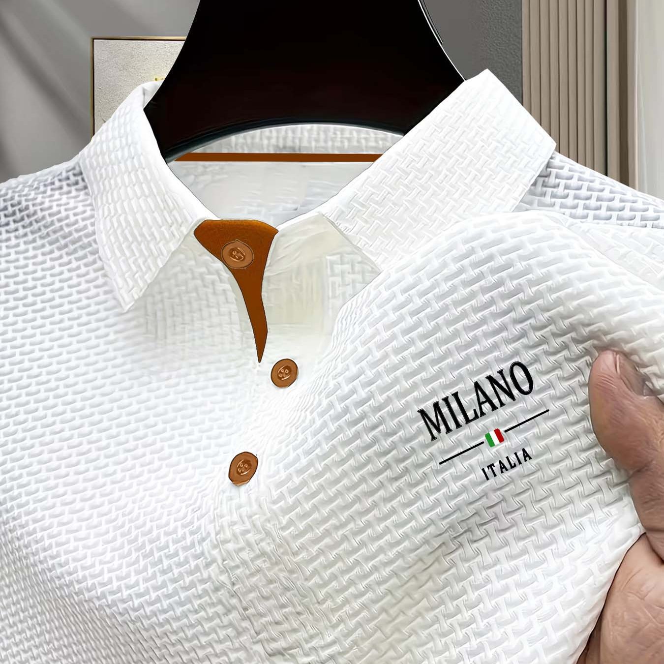 TEMU Green White Red Three-line Pattern Print Drapey Quick-dry Shirt Men's Summer Easy Solid Color Lapel Light Luxury Top