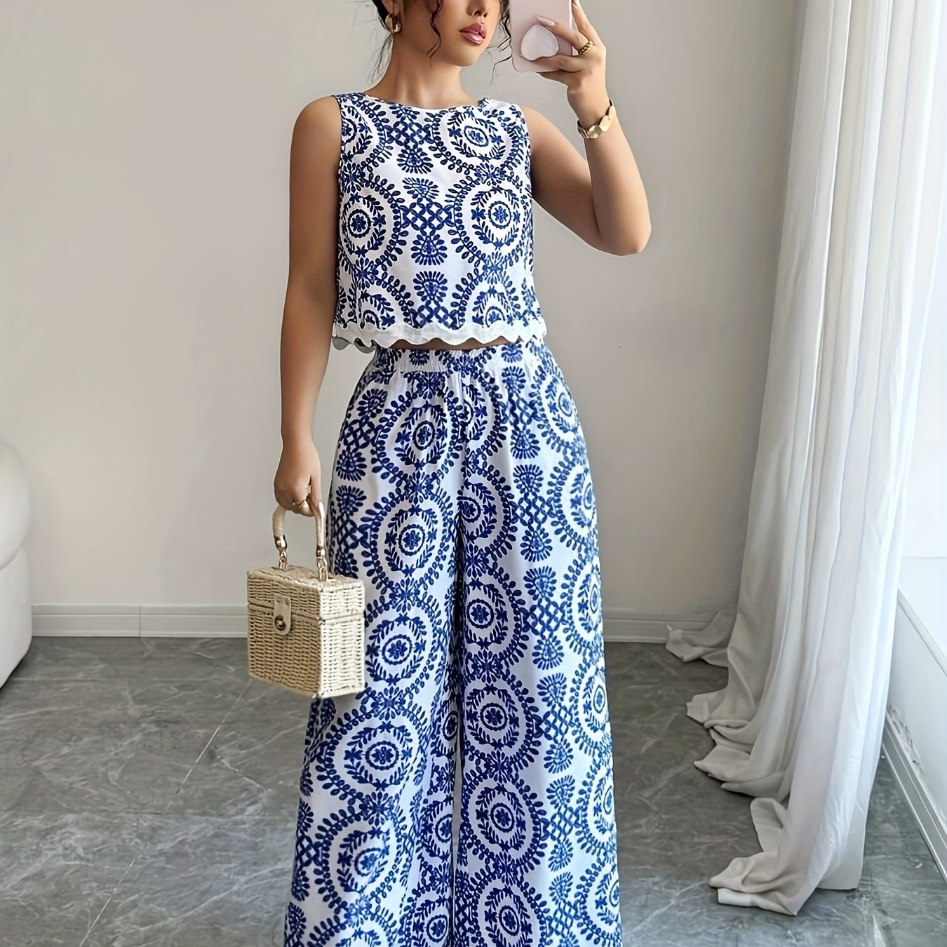 TEMU Fashionable And Elegant 2pcs Set For Women, Featuring Botanical Print, Round Neck Sleeveless Top And Pants For Spring, Summer, And Autumn