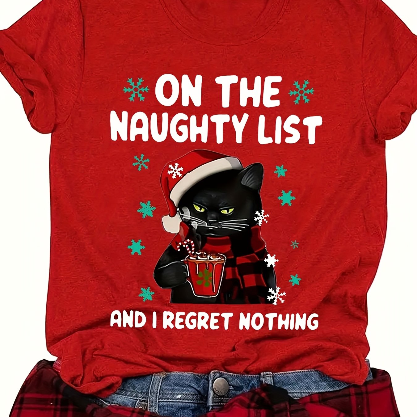 TEMU Women's Plus Size Christmas Cat Graphic T-shirt - "on The Naughty List" Humorous Holiday Design, 100% Polyester Short Sleeve Crew Neck Casual