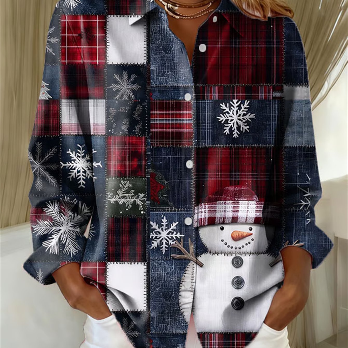 TEMU Flat Printing, Non-fabric, Women's Shirt, Low-cost Clothing, Exquisite Long-sleeve Shirt, Snowman Pattern T-shirt, Fashionable Shirt, Washable,