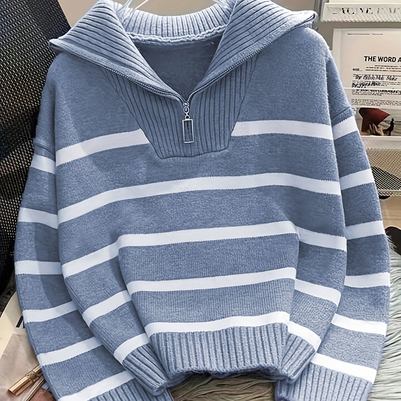 TEMU Casual-style Pullover With A Lapel And Half-zipper Design, Featuring Vertical Ribbed Front Panels, , And Ribbed Cuffs And Hem
