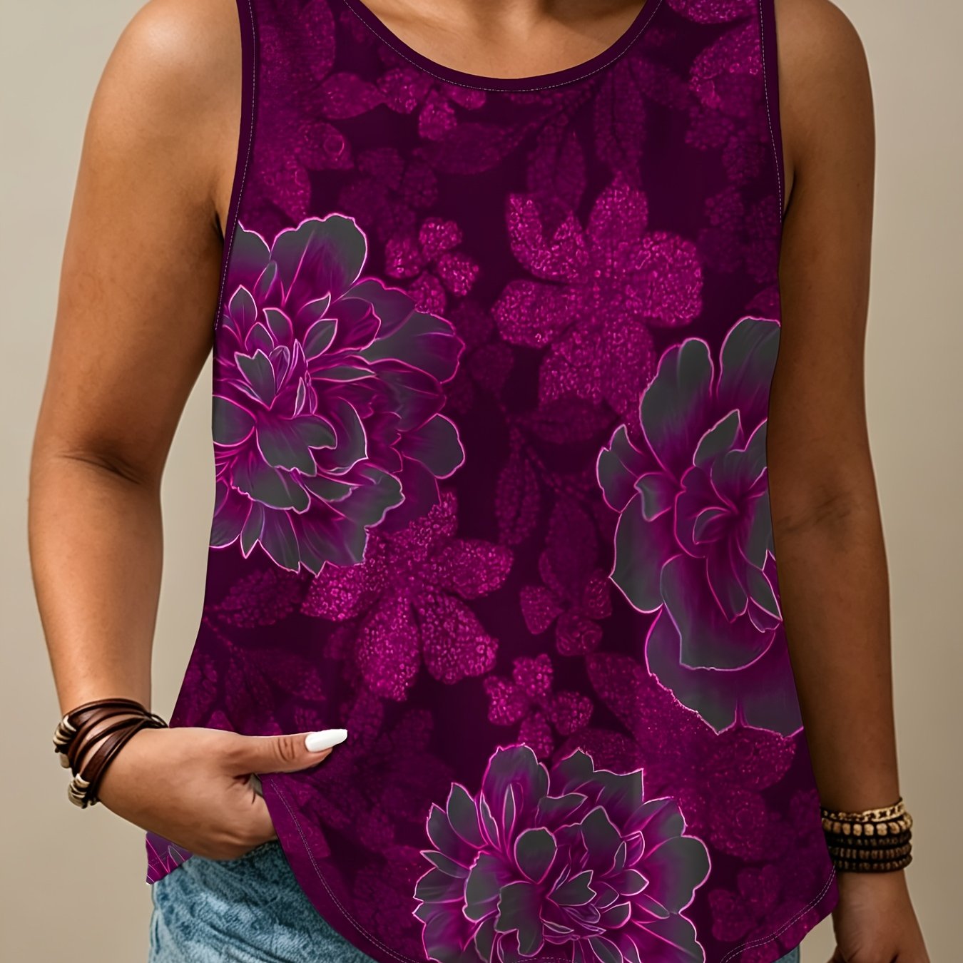 TEMU Lavender Purple Floral Print Sleeveless Tank Top, Plus Size Women's Loose Fit , Summer/autumn Fashion Casual Base Layer