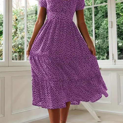 plus size womens floral dress square neck puff sleeve tiered ruffle midi dress for
