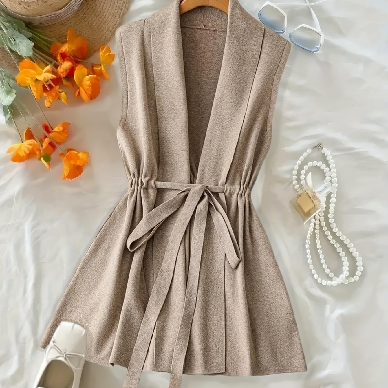 E-shop Elegante ärmellose Damen Cardigan - Langer, formeller & schicker Alltags-Pullover mit verstellbarem Kordelzug in der Taille, mitteldehnbarer