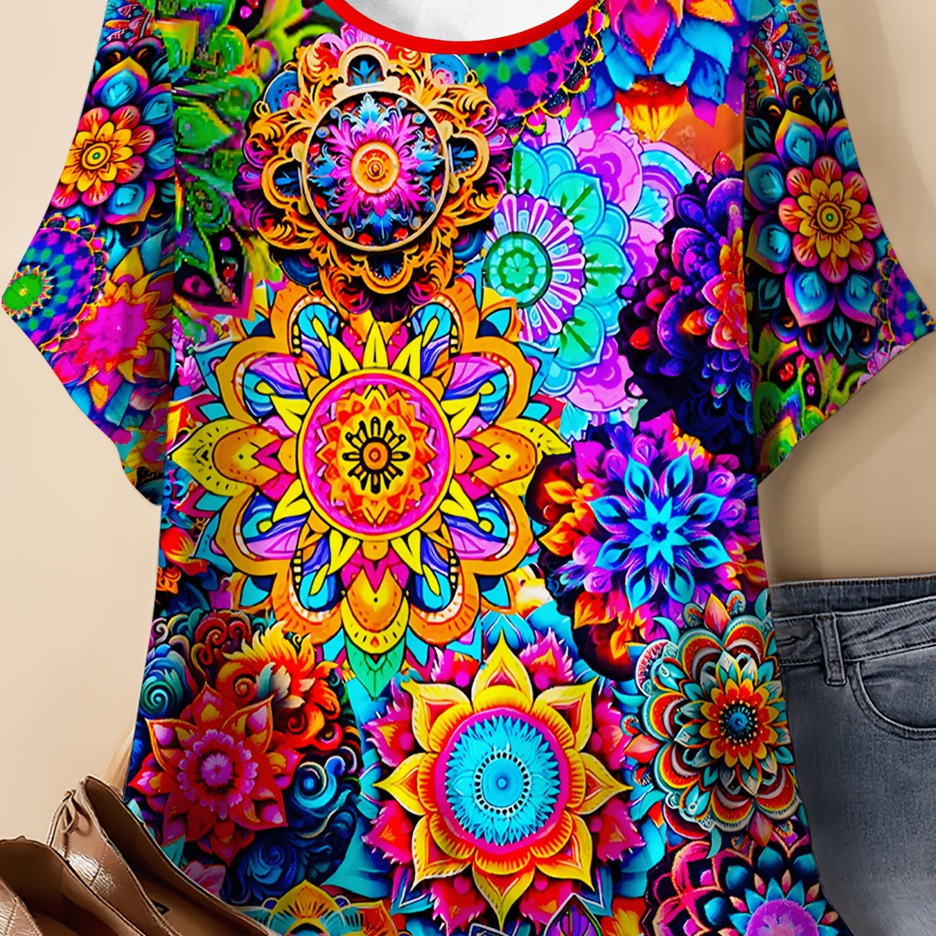 TEMU Women' Plus-size Vintage Bohemian T-shirt - Full-body Kaleidoscope Mandala Print Short-sleeve Round Neck Loose With Red Trim & Ethnic Suitable