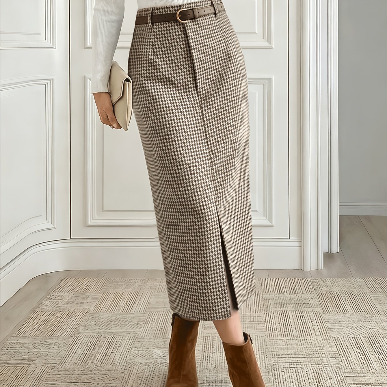 TEMU Women's Autumn Winter Color-block Checkered Texture Front Slit Design Elegant Casual Slim Straight Midi Skirt