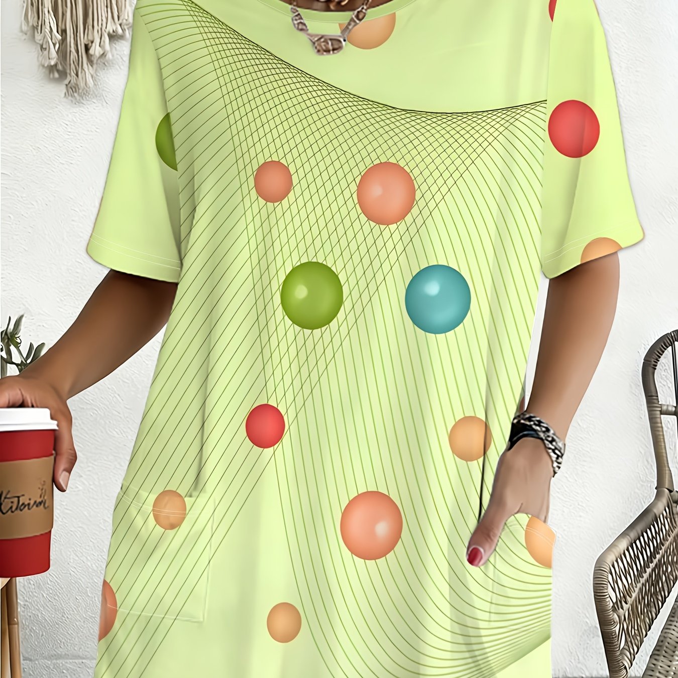 TEMU Lemon Yellow Polka Dot Short Sleeve Loose Fit T-shirt For Women, Casual Fashion Printed Top, New Summer Style For Women