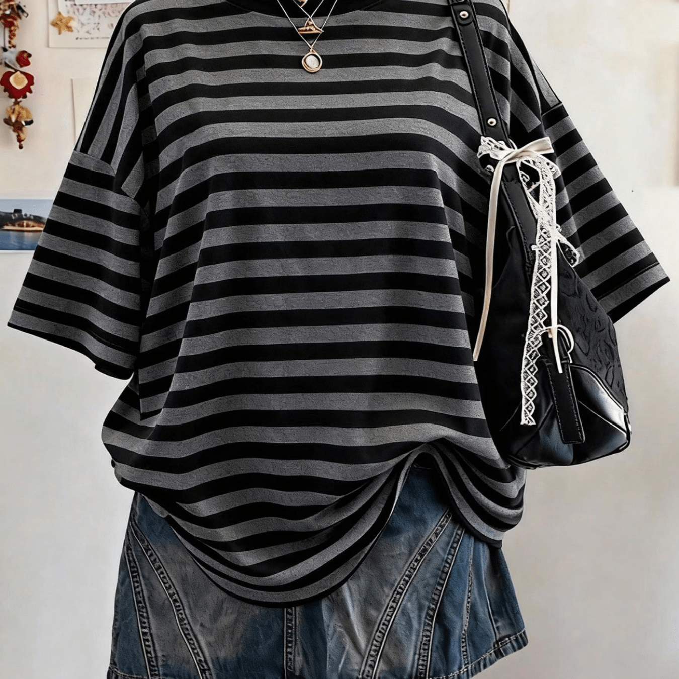 TEMU Women's Gray And Black Striped Crew Neck Short Sleeve T-shirt, Casual Sporty Fashionable Short Sleeve Top