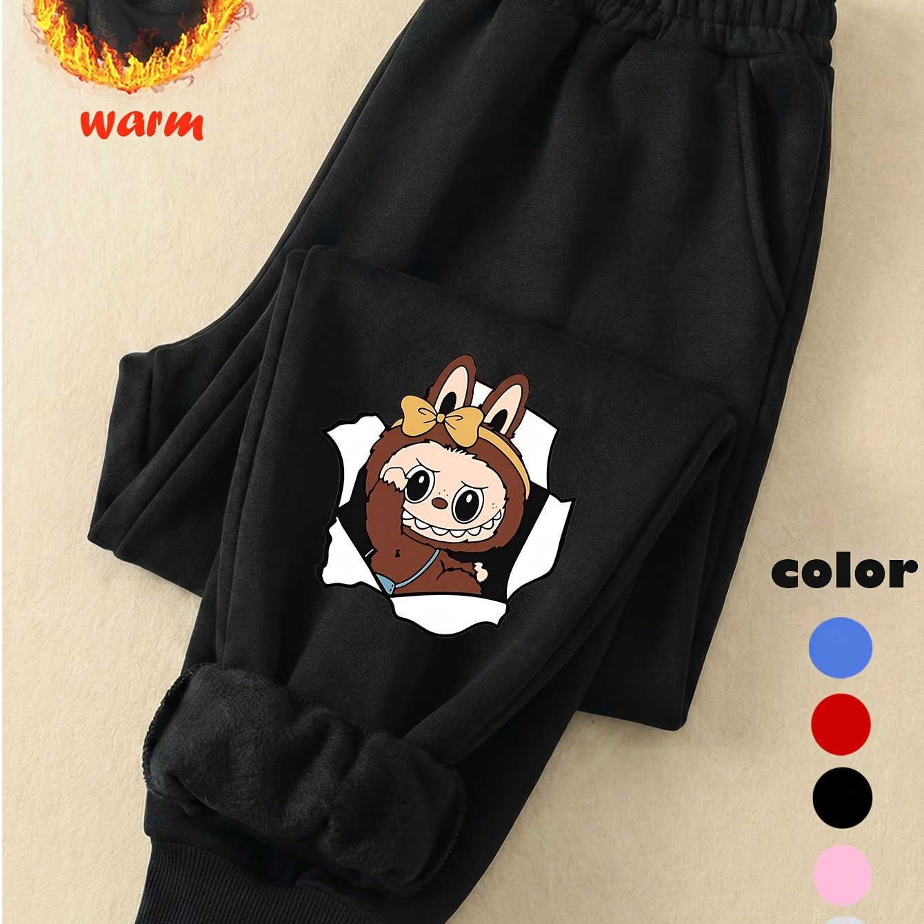 TEMU 女の子用 冬用フリースジョガーパンツ - 暖かいカジュアルズボン、ゴム入りウエスト＆ポケット、アウトドア遊び用ス、普段着（幼児用）- 秋冬以外のパンツ、アウトドアに最適