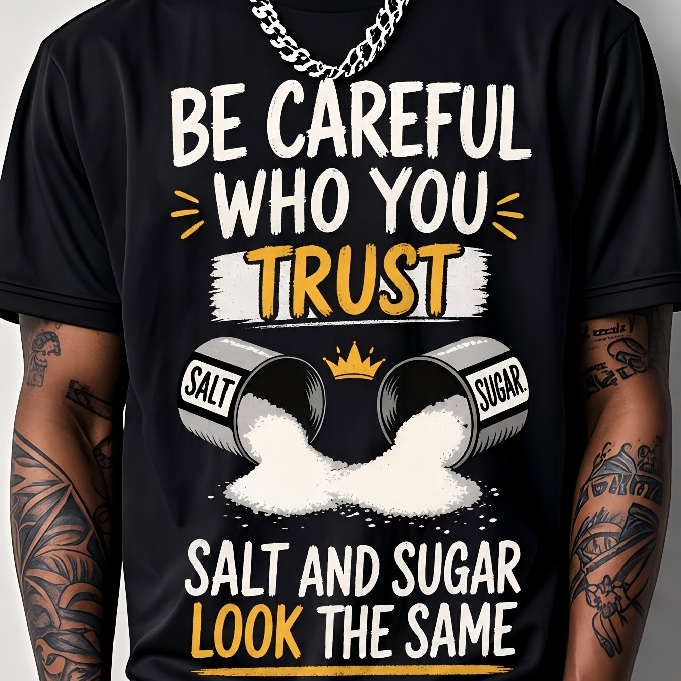 TEMU Men's Black Short-sleeved T-shirt, Featuring 'be Careful Who You ' Graphic, With Overturned Salt And Sugar Shakers, Perfect For Streetwear