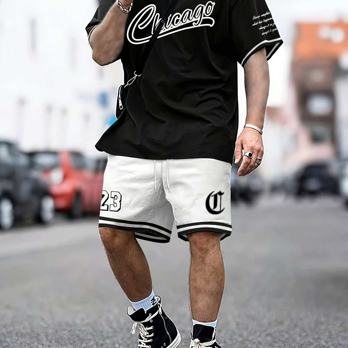 TEMU Men's Outfit, Chicago Casual Crew Neck Short Sleeve T-shirt & Shorts 2-piece Set For Summer Outdoor Activities