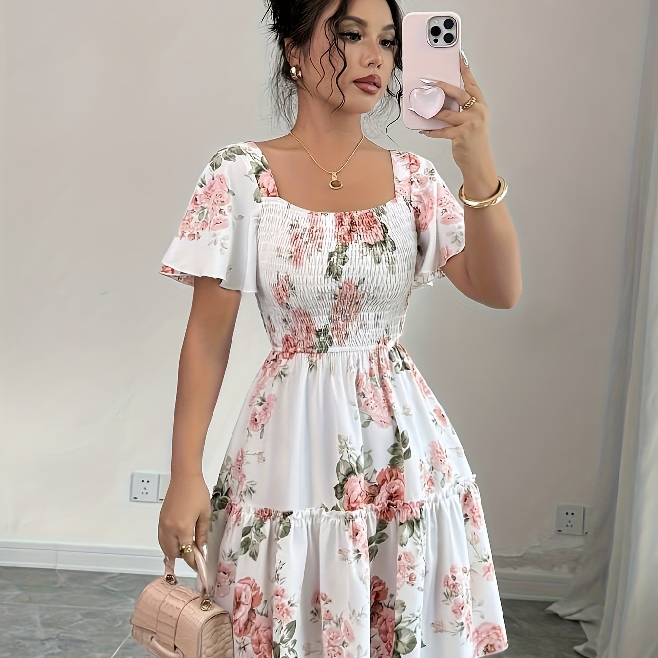E-shop Damenmode Bedrucktes Rüschen Kurzarm Freizeitkleid, Urlaubsstil