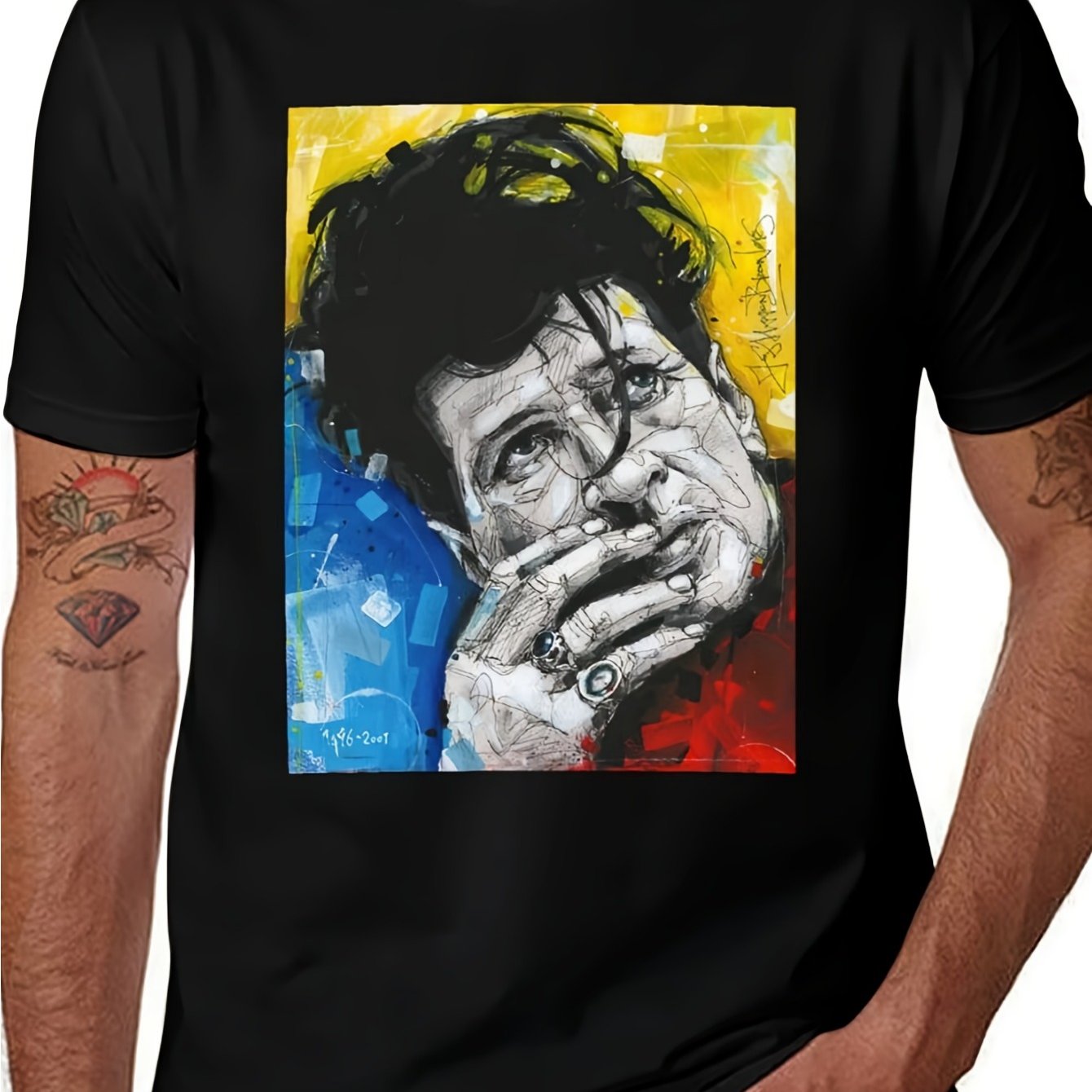 Men's Herman Artist Portrait T-shirt - Black With Yellow Blue Red Iconic Signature - Soft Breathable Cotton Tee For Concerts, Gallery Events & Casual Wear - Machine Washable Round Neck Short Sleeve