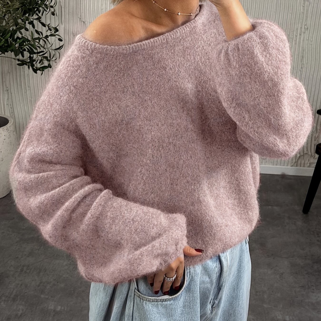 TEMU Women's Elegant Off-shoulder Solid Color Long Sleeve Sweater, Spring/autumn Versatile Pullover, Fashionable And Comfortable, Soft Fabric