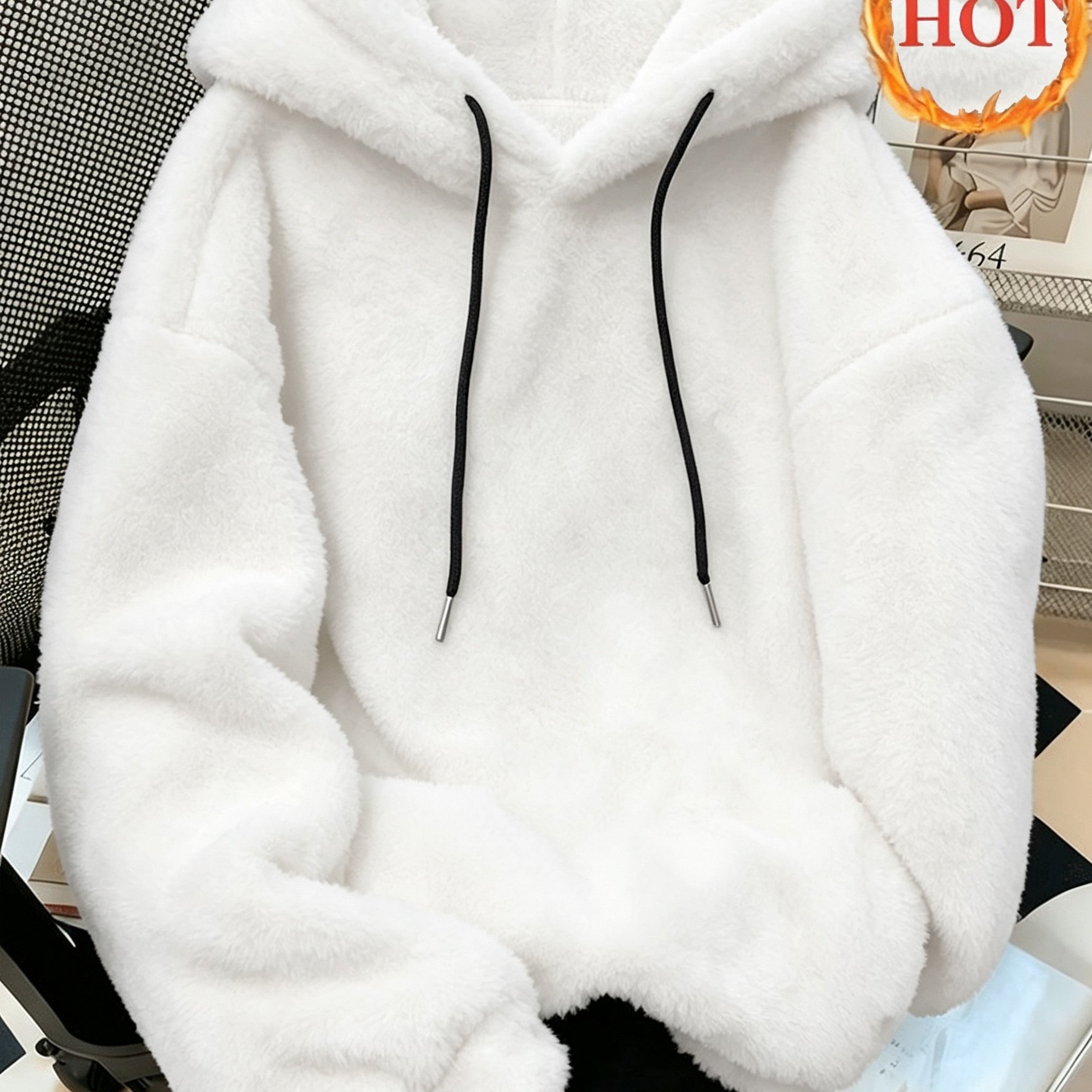 TEMU Sweat à capuche en peluche de couleur unie, pull décontracté à manches longues avec cordon de serrage, haut de vêtement d'intérieur pour femmes