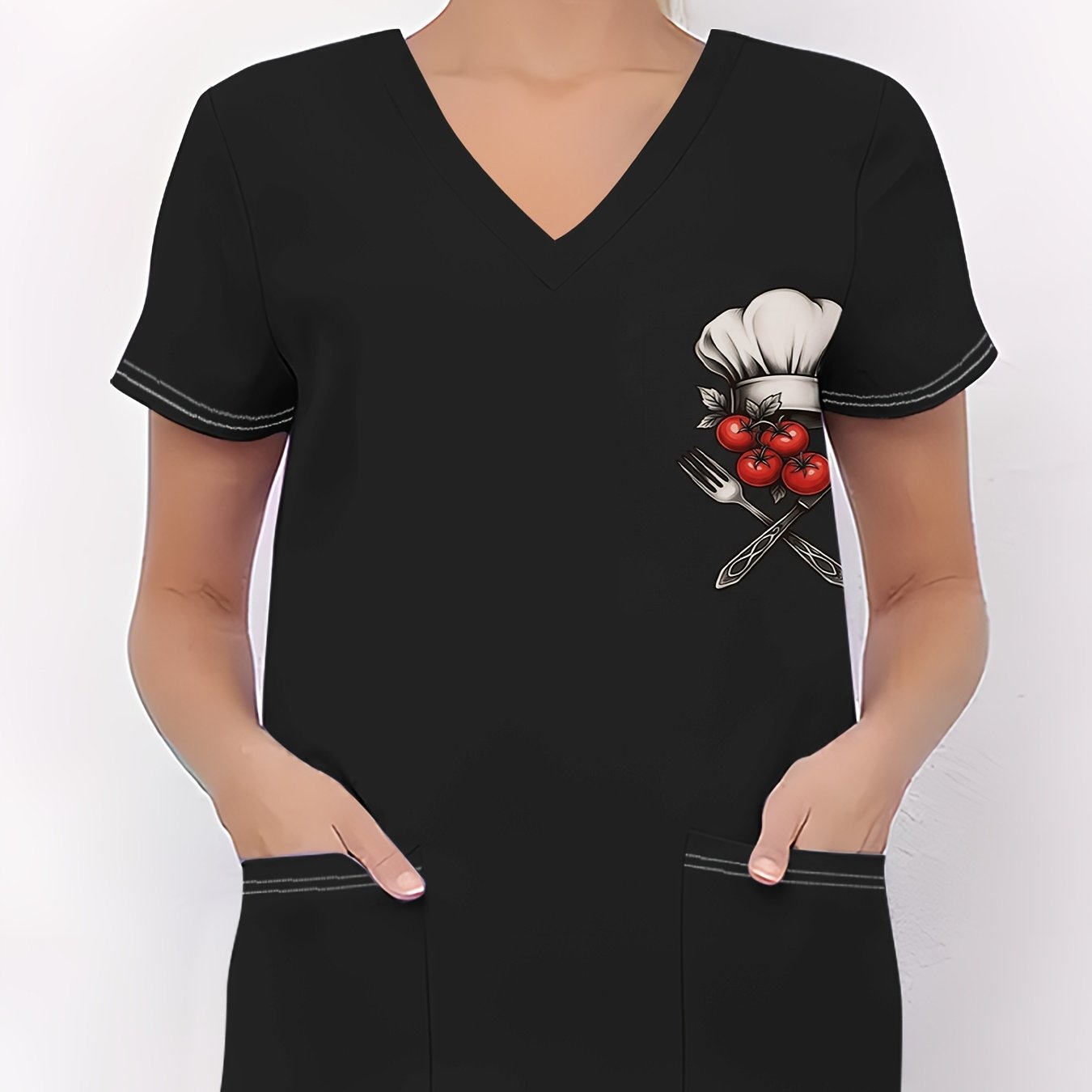 TEMU Camiseta de personal con cuello en V, gorro de chef, cuello en V y estampado de tomate
