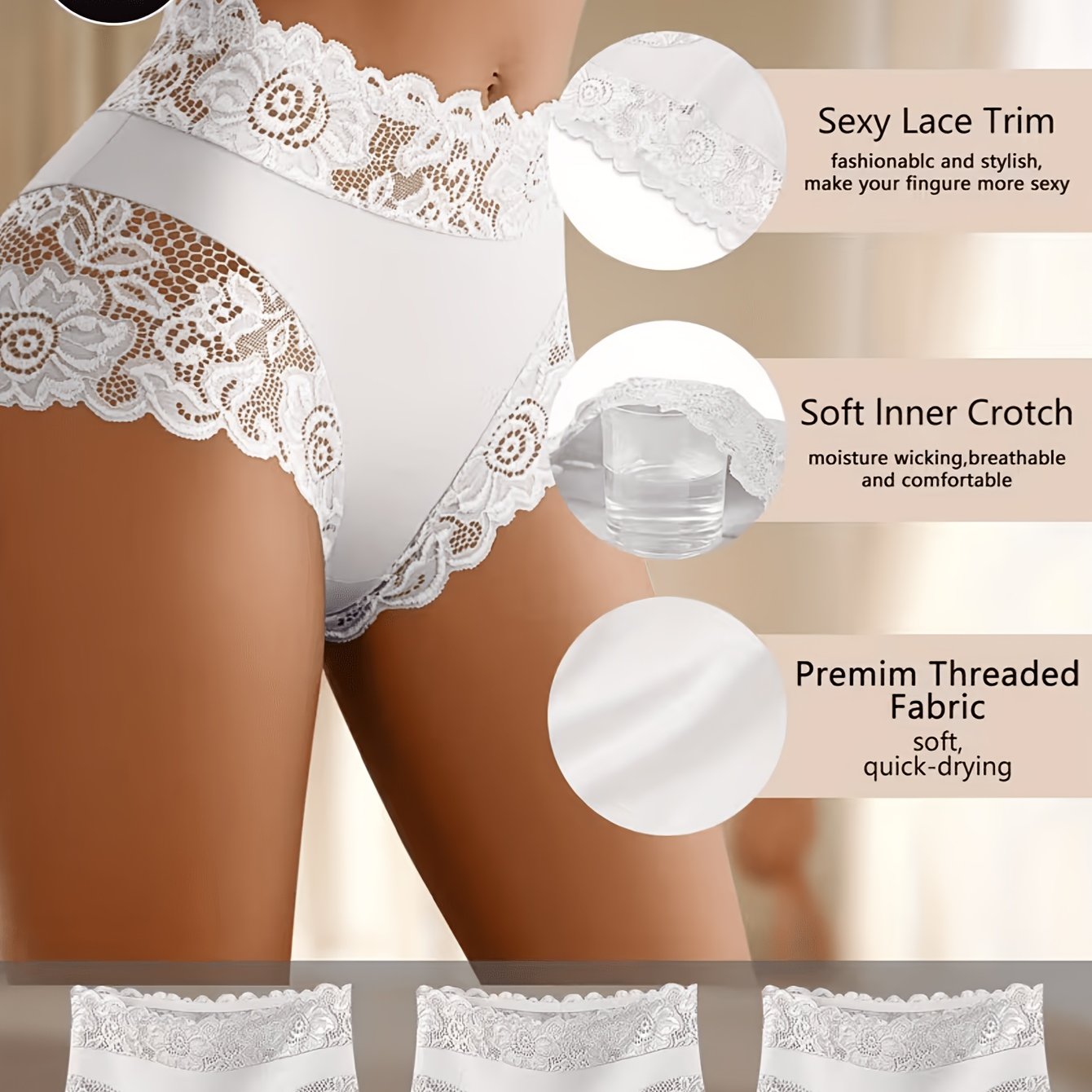 Image of 3pcs Solid Color High-waist Lace Trim Women's Underwear, Elegant And Design, Stretch Fabric, Plus-size Women's Briefs