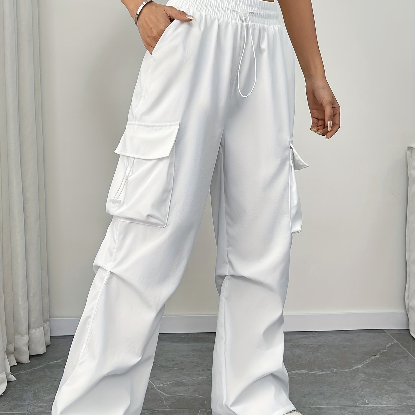 E-shop Schnelltrocknende Cargo Hose Damen Sommer Neue Amerikanische Fallschirmhose Hohe Taille Weite Beine Freizeit Kordelzug Hose
