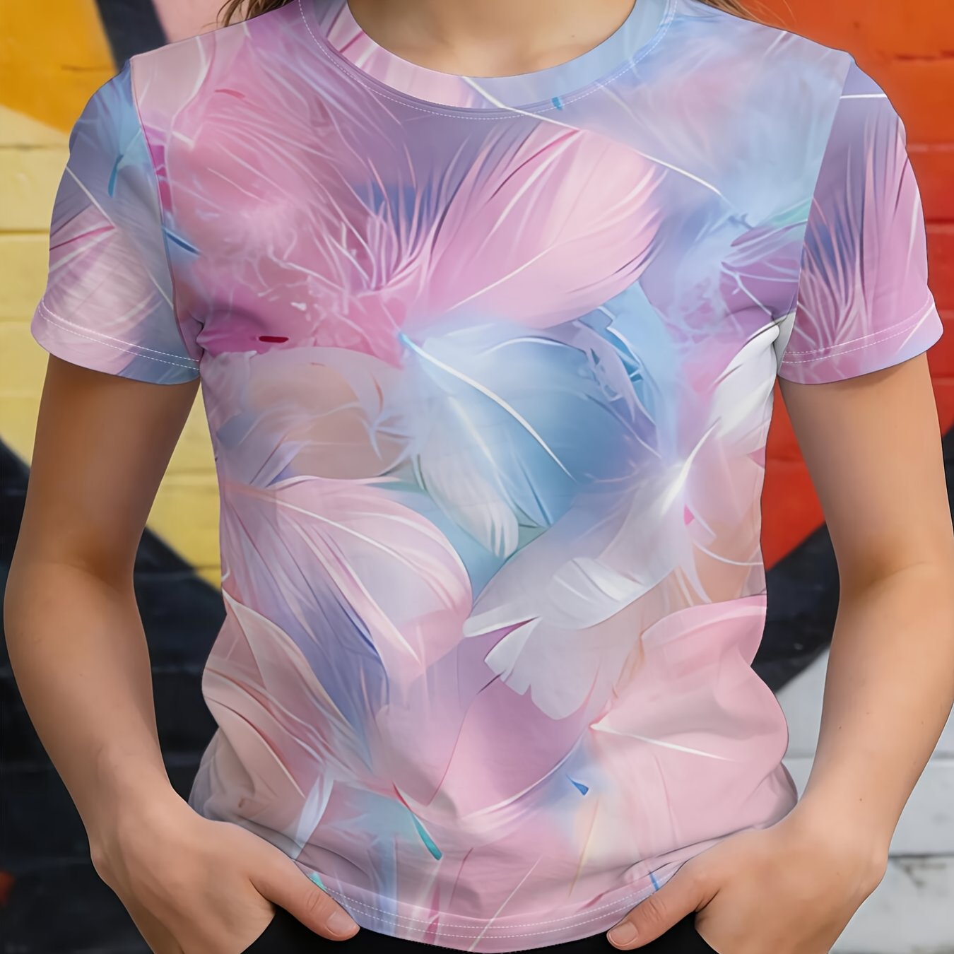 TEMU Pink Digital Printed Casual Crew Neck T-shirts For Spring And Summer. Fashionable Crew Neck Short Sleeves With , For Daily Casual Wear And