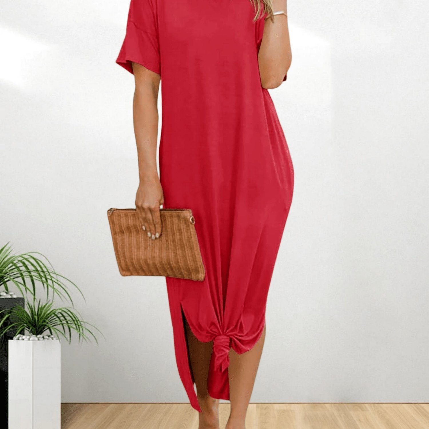 Image of Women's Casual Loose Drop Shoulder Round Neck Midi T-shirt Dress | Pocketed Side Slit, Knotted Detail, Solid Color, Chic Style