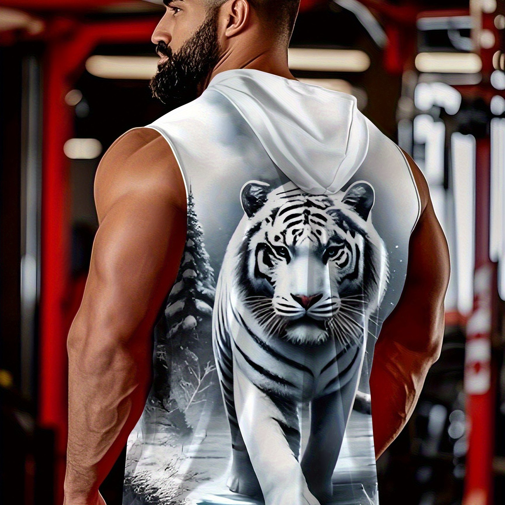 TEMU [printeddesign-not Textured]men's Lion Print Hooded Vest - Sleeveless, Full-, Casual Summer Wear, Polyester Knit Fabric, Loose Fit, Ideal For ,
