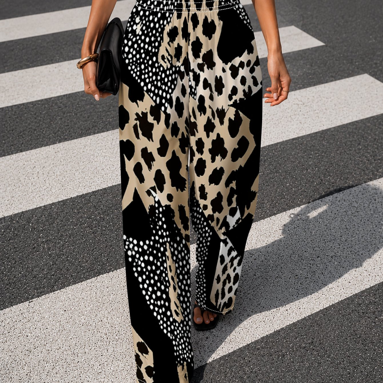 TEMU [printed Design- Not Textured] Versatile Casual Attire: Drapey Wide-leg Pants/ Wide-leg Pants/long Pants For Vacation Use/leopard And Polka Dot
