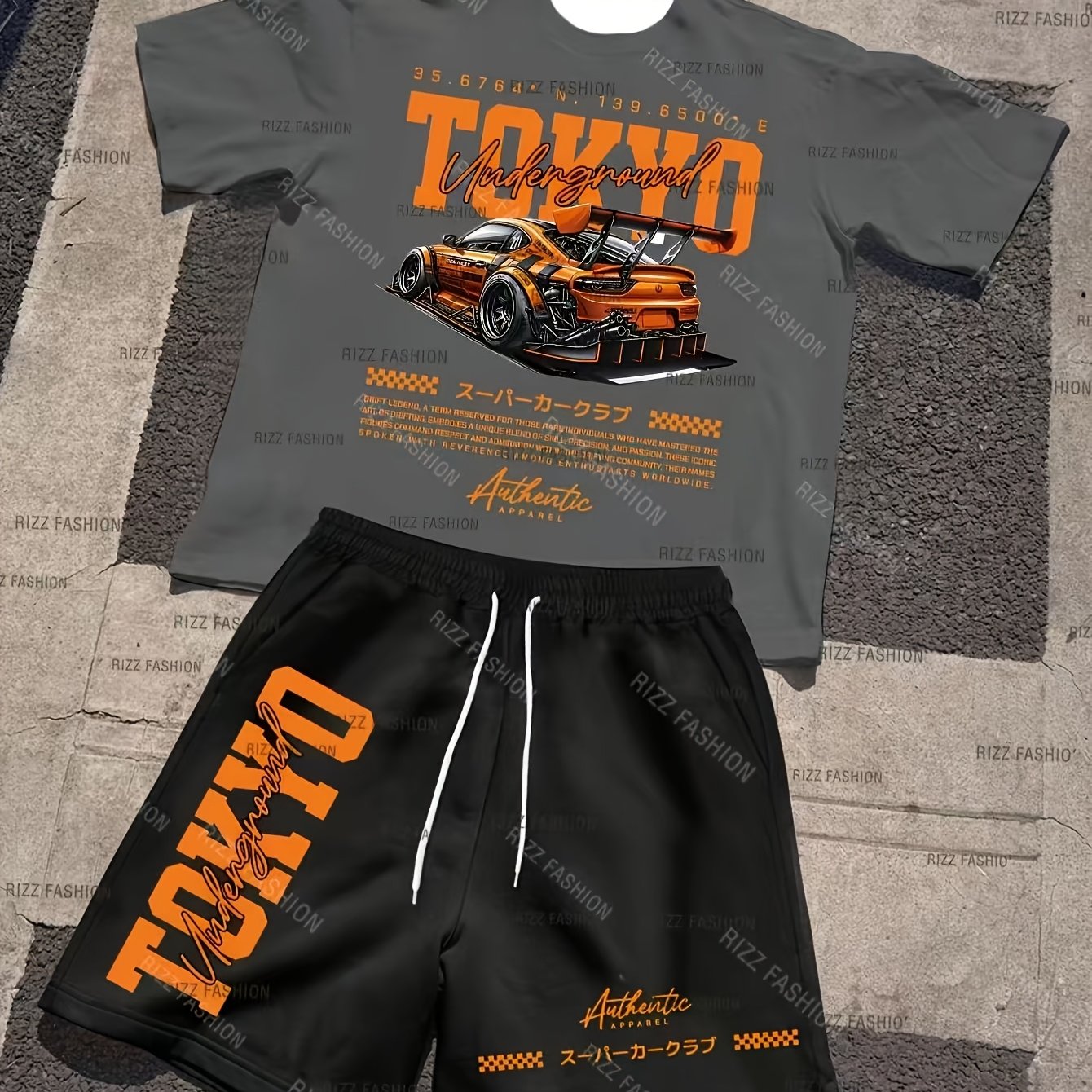 TEMU Tokyo Underground Racing Creative Print, Crew Neck Short Sleeve T-shirt And Drawstring Shorts, Soft, Loose, And Breathable, Outdoor Activities,