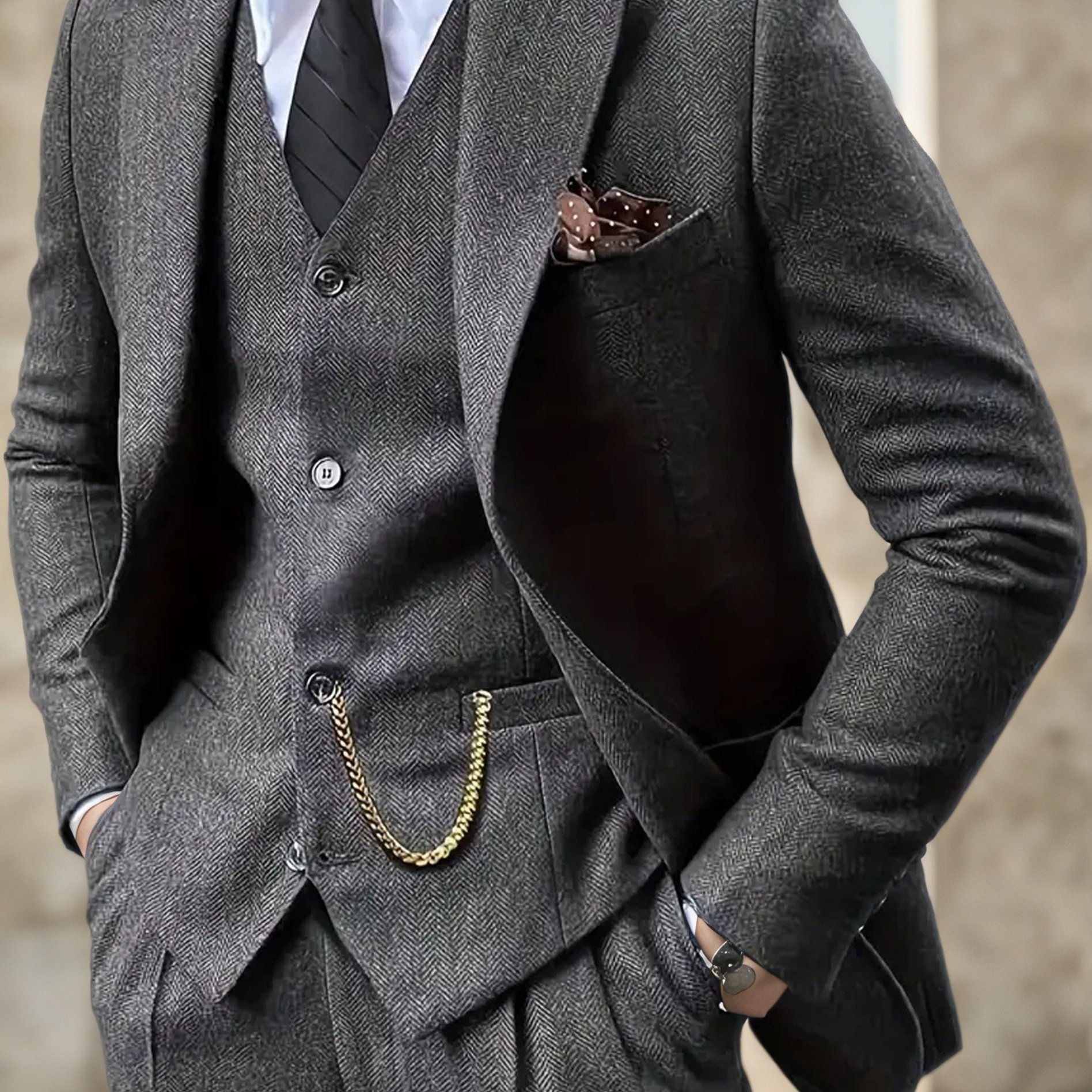 TEMU All-occasion Vintage 3pcs Suit - Tweed Formal Attire (button-up Blazer, Vest, Trousers) For Weddings, Prom And