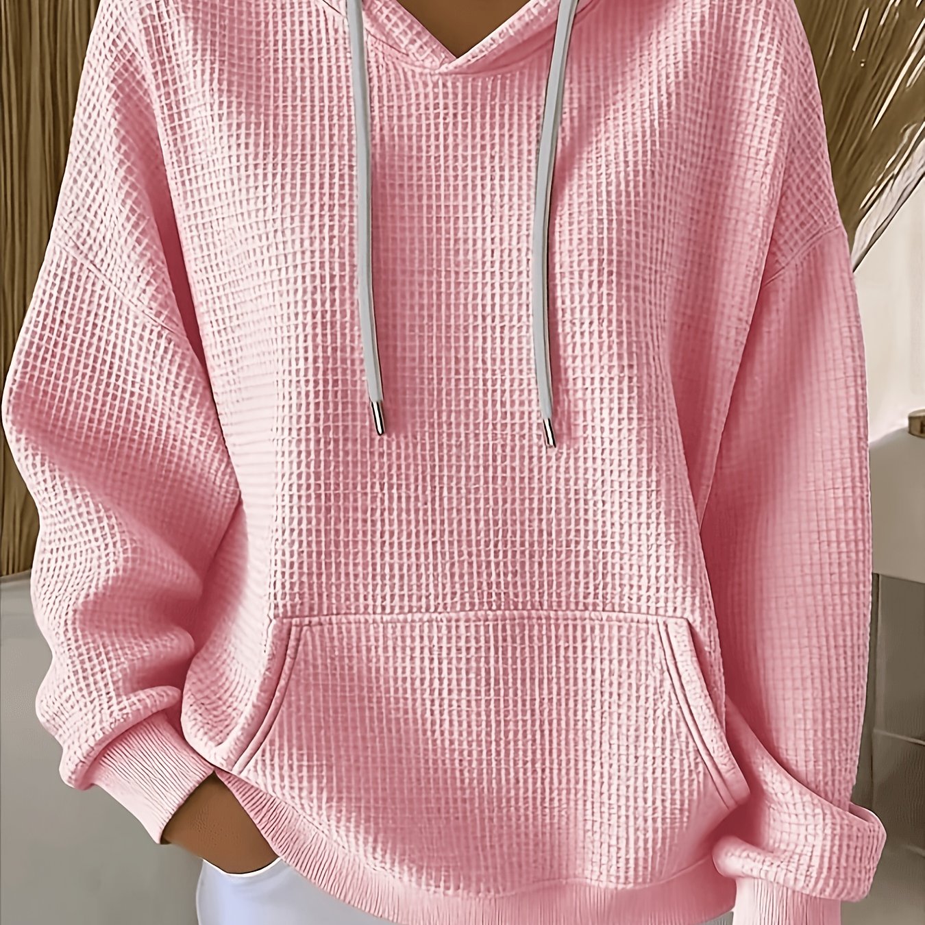 TEMU Women's Fashion Casual Loose Waffle Hooded Sweatshirt, Comfortable Solid Pink Pullover For Women, Stylish Loose Loungewear Top, Lightweight