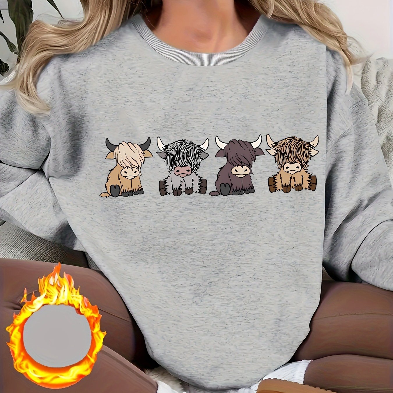 TEMU Ladies Casual Cartoon Highland Cow Print Crew Neck Pullover Sweatshirt - Knit Polyester Fabric, Fit With Contrast Collar Detail, Style