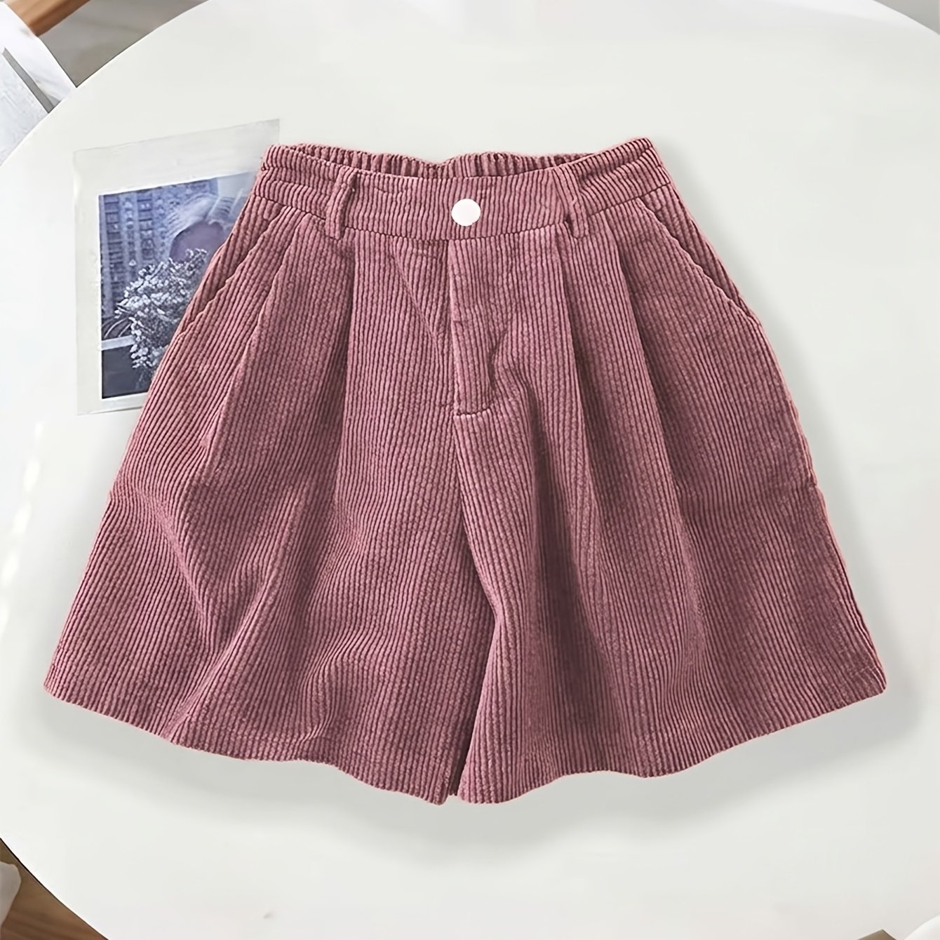 TEMU Women's Vintage Corduroy Elastic Waist Shorts High-waist A-line Versatile Casual Wide-leg Pants