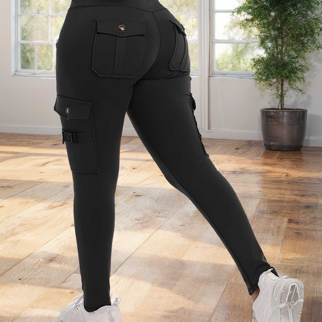 Image of Cargo Leggings With Slide Pockets, Sports Tights With 4 Pockets, Tummy Control Lifting Workout Running Pants, Slim Fit Utility Style Sportswear, Stylish Activewear Pants For