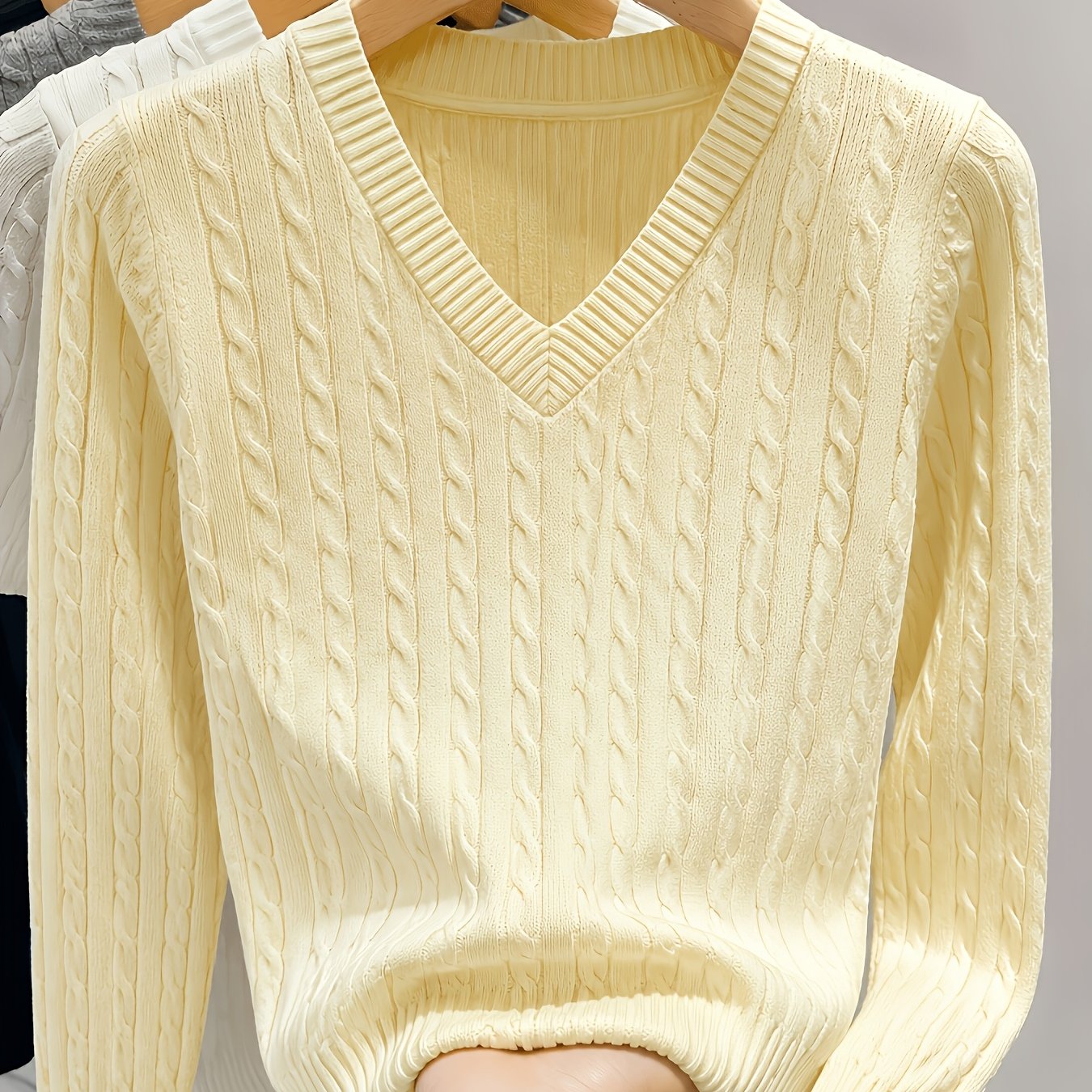 TEMU V-neck Cable Off-shoulder Sweater Women's Fall Winter New Versatile Inner Layer Base Top