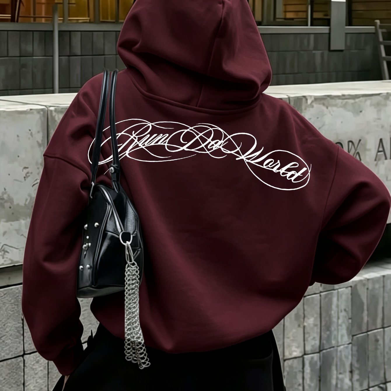 TEMU Fall Street Women's Hooded Sweatshirt, Vintage Floral Cursive English Print, Trendy Casual Versatile Casual Top, Loose Oversized Fleece Warm
