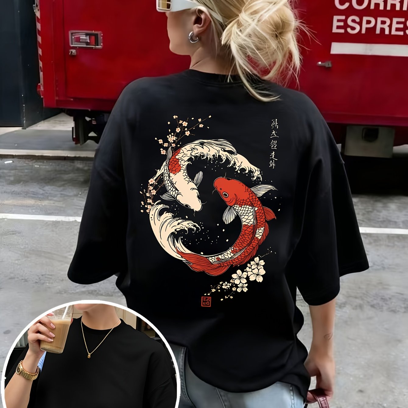 TEMU 2026 Spring/summer Elegant New Women's T-shirt With Oriental Aesthetic Fish -e Back Print, Taiji Yin-yang Composition Art, Oriental Charm,