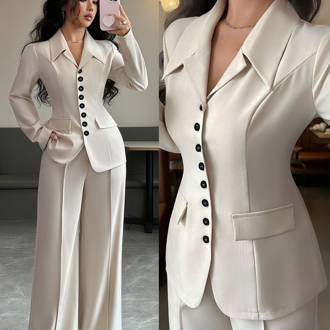 TEMU Plus Size - Spring/autumn Plus Size Lapel Single-breasted Suit Wide-leg Pants 2pcs Set - Waist-cinching Long Sleeve Blazer Top And High-waist
