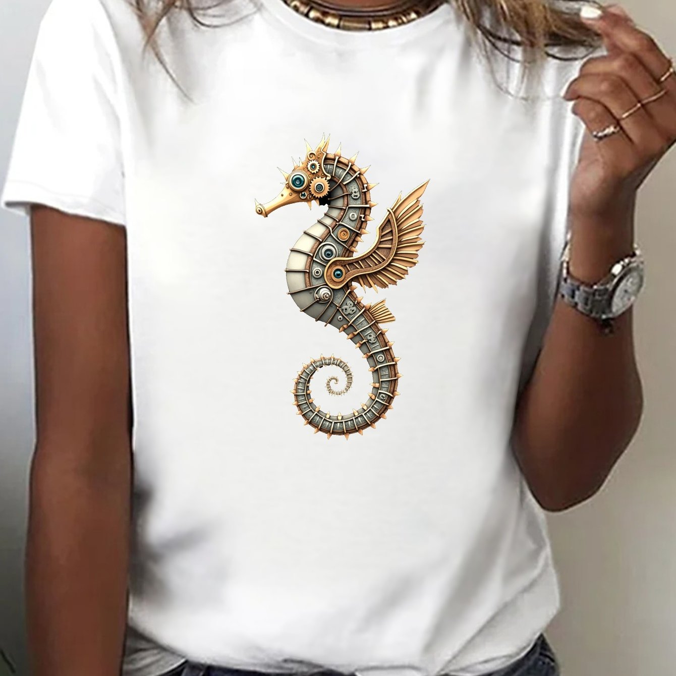TEMU Steampunk Themed Print T-shirt, Short Sleeve Crew Neck Casual Top For Summer & Spring, Women's Clothing