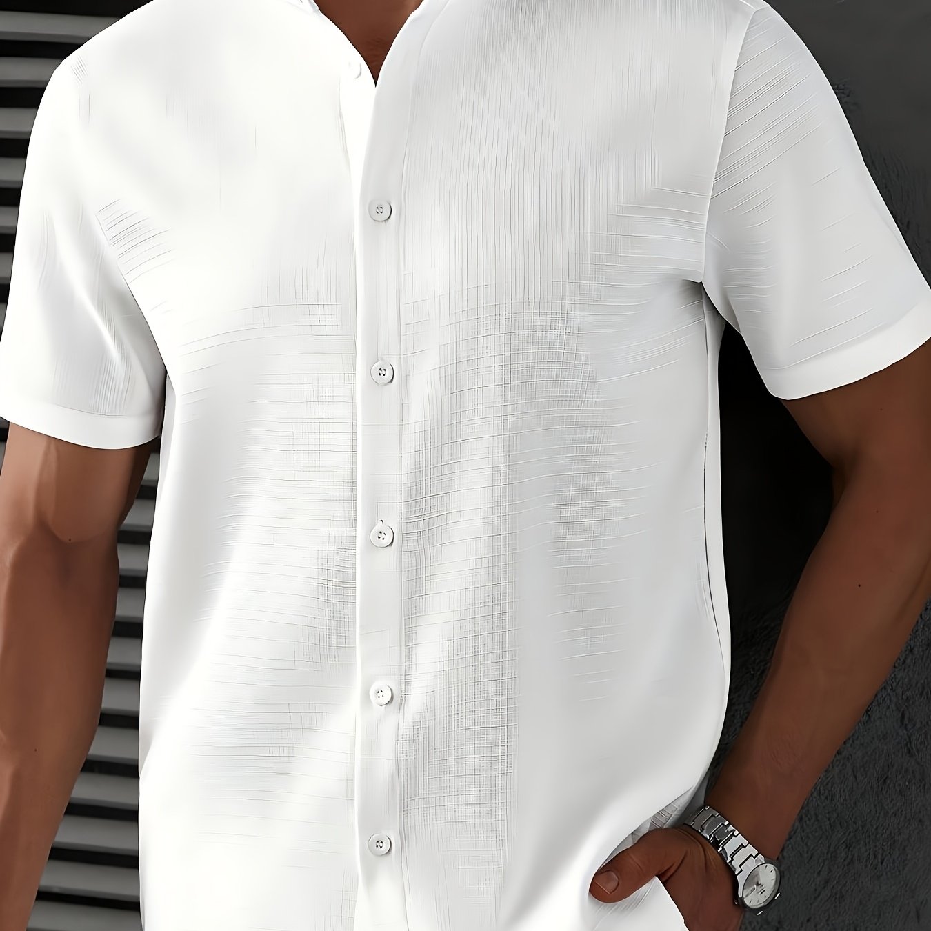 E-shop Herren Kurzarmhemd mit Stehkragen - Einfarbiges Casual Button-Up, Maschinenwaschbarer, Schrumpffester Stoff, Kurzarm für Business Casual &