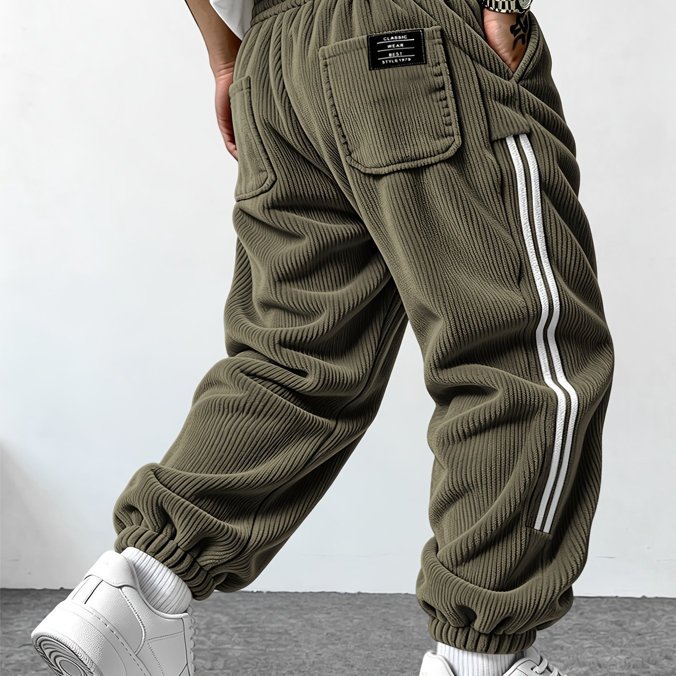 TEMU Men's Corduroy Striped Cargo Pants, Elastic Drawstring Waist Side-striped Casual Pants, Men's Corduroy Jogger Pants, Side White With Drawstring