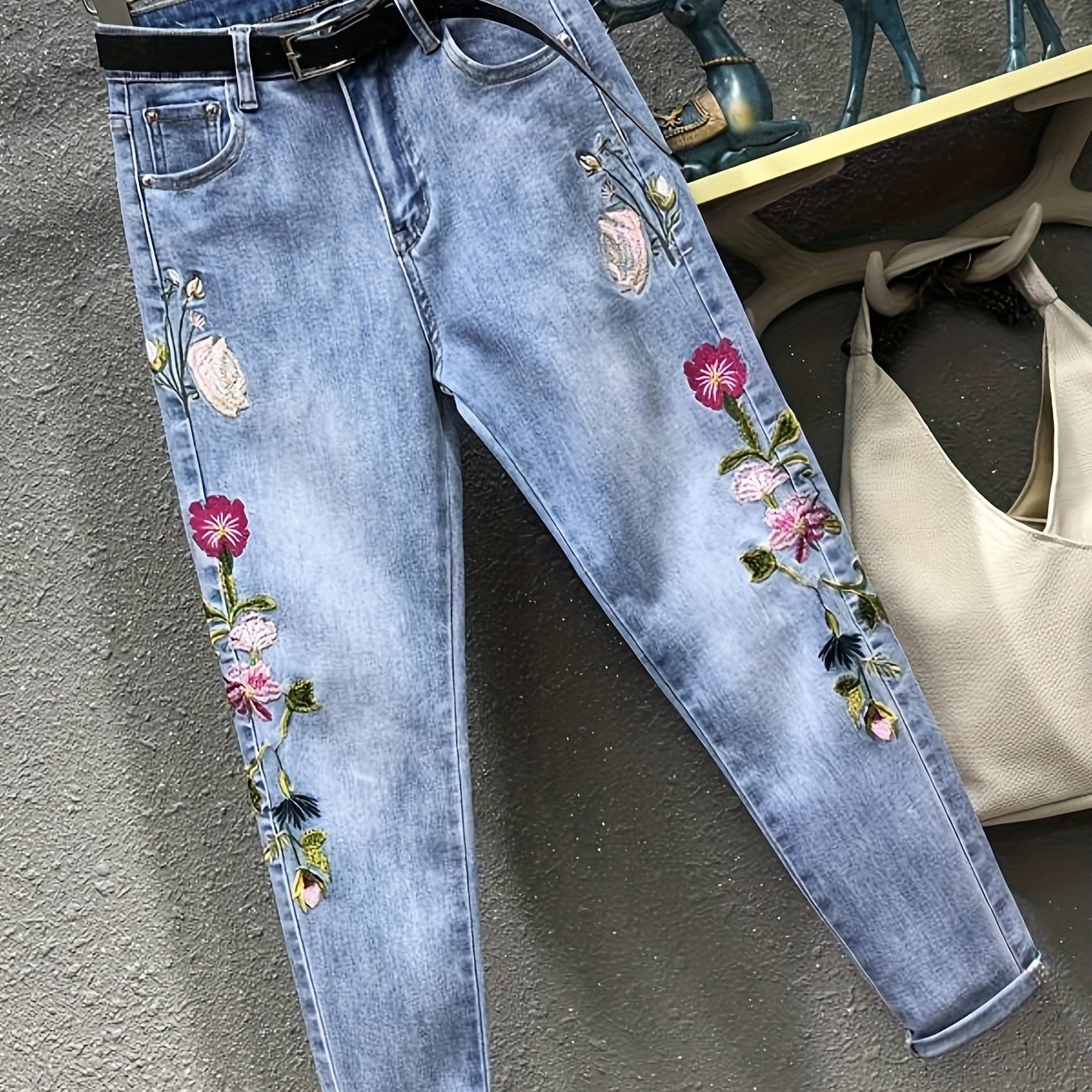 TEMU Women's Elegant Embroidered Flower Denim Harem Pants - 7/8 Length (9-inch) Slim Fit Button Closure Jeans Trousers, Solid Color For Fall/winter,