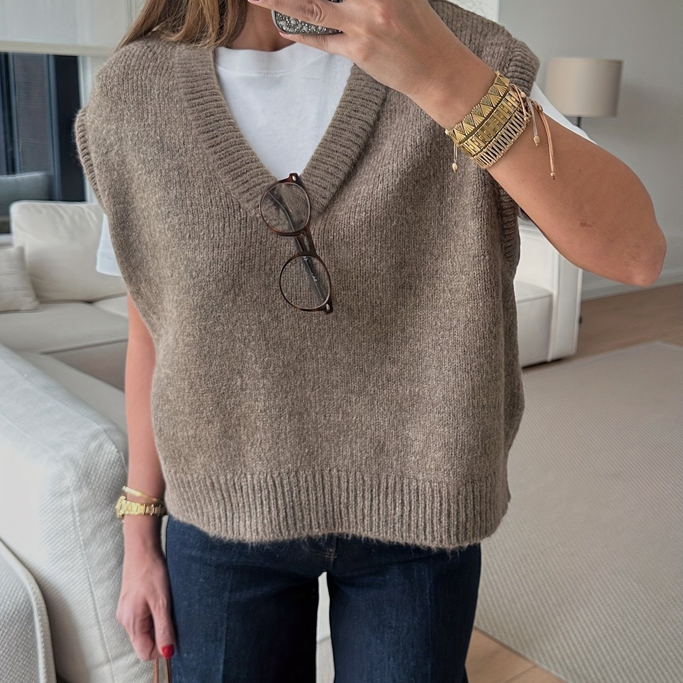 Women's Elegant Vest Sweater, Solid Color V-neck Pullover Casual Loose Vest Jacket Sweater Women's