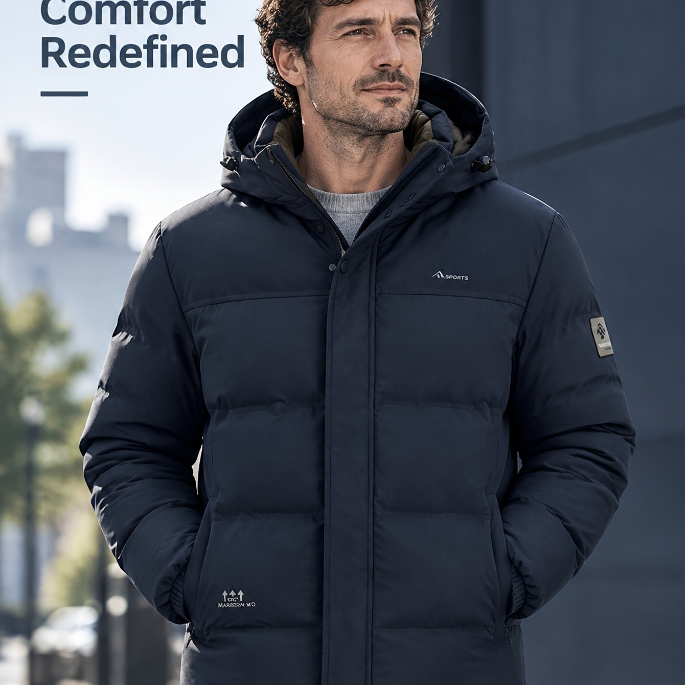 Image of Men Hooded Jacket, Adjustable Hood Logo Embroidery Round Badge Patch Warm Autumn Winter Outerwear
