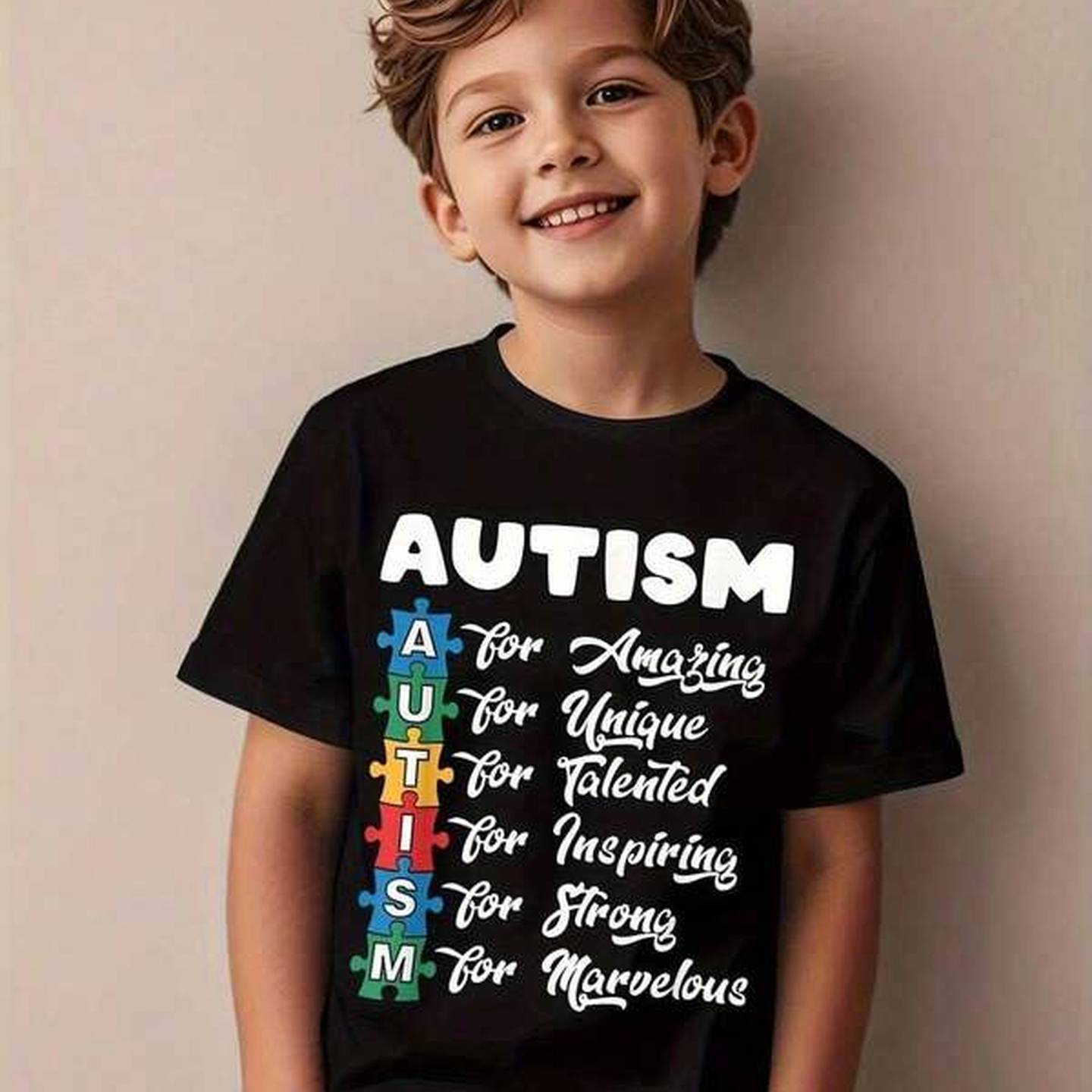 1pc Children's Tshirts Autism Puzzle Print Black Tshirt, Casual Crew Neck Tshirt For Boys And Girls, Machine Washable, Suitable For Spring, Summer And Autumn. Easter, Thanksgiving, Valentine's Day