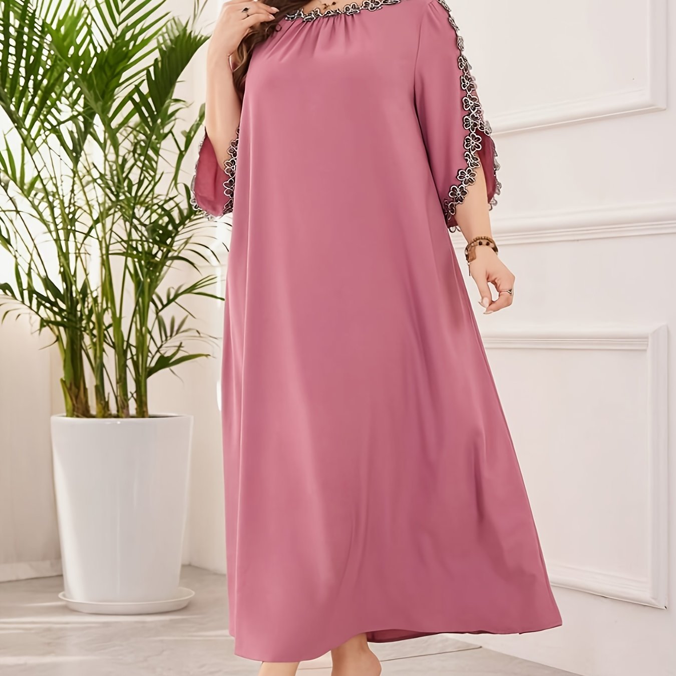 TEMU Vestido Largo Elegante con Cuello , Decoraciones Florales Bordadas y