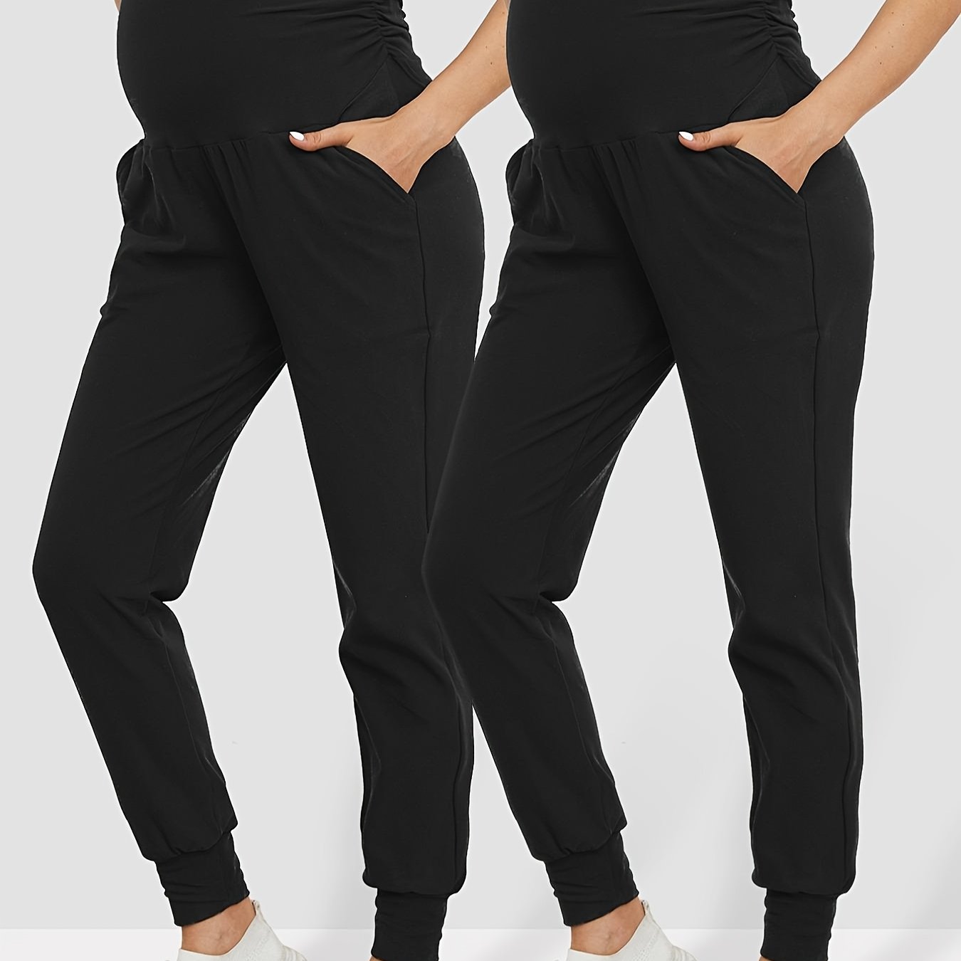 2pcs Maternity Active Yoga Pants With Pockets, High Elastic Comfortable Pregnancy Joggers, High Waist Support Abdomen Suitable For Everyday Wear Lounge Pants