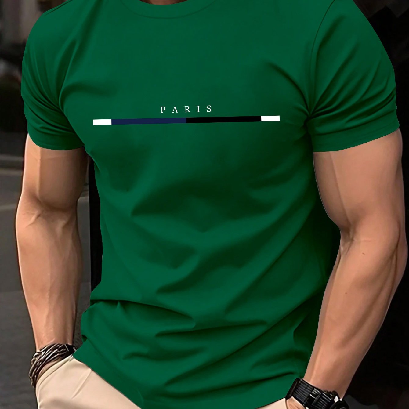 TEMU Men's Retro Paris Graphic T-shirt - Green Casual Summer Tee With "paris" Print, Short Sleeve, Round Neck, Lightweight & Breathable For Casual