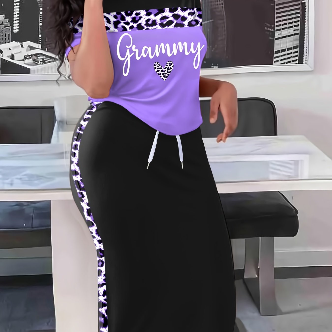TEMU Plus Size Women's Casual 2pcs Set With Red And Print , Printed With "grammy", Embellished With A Leopard Print Heart Pattern In , Drawstring