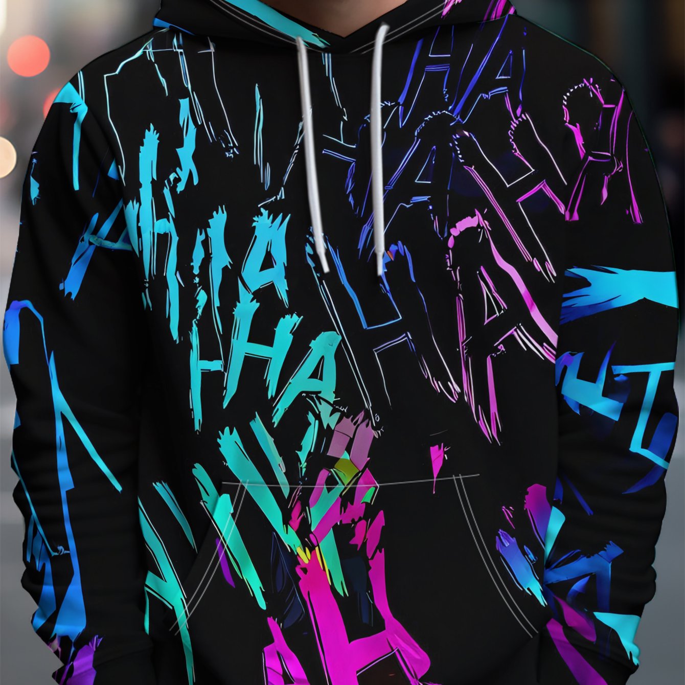 TEMU Men's Individual Style Hooded Sweatshirt With Colorful Text Background - Full Of Street Trendy Style, Rich And Artistic Pattern Elements, Easily