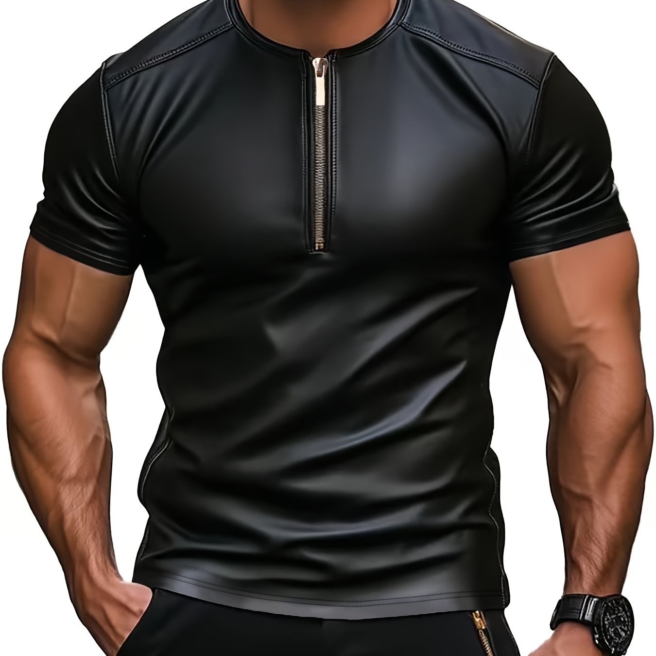 Image of Western Men's Fashion , Summer Casual Solid Color Zipper Short Sleeve Men's Henley Shirt